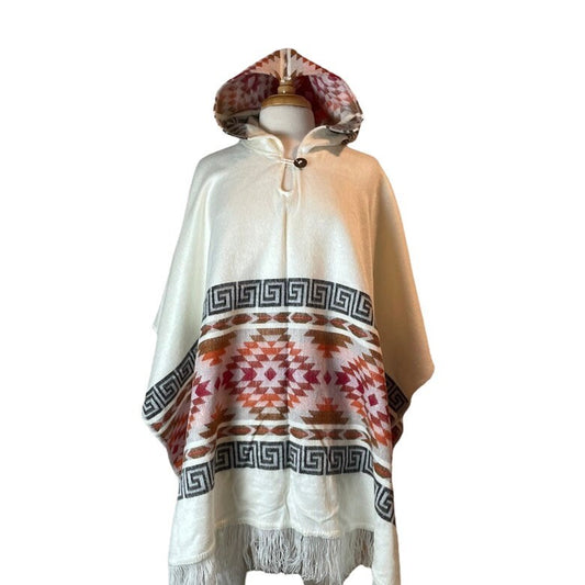 Warm Hooded Alpaca Poncho | White Orange