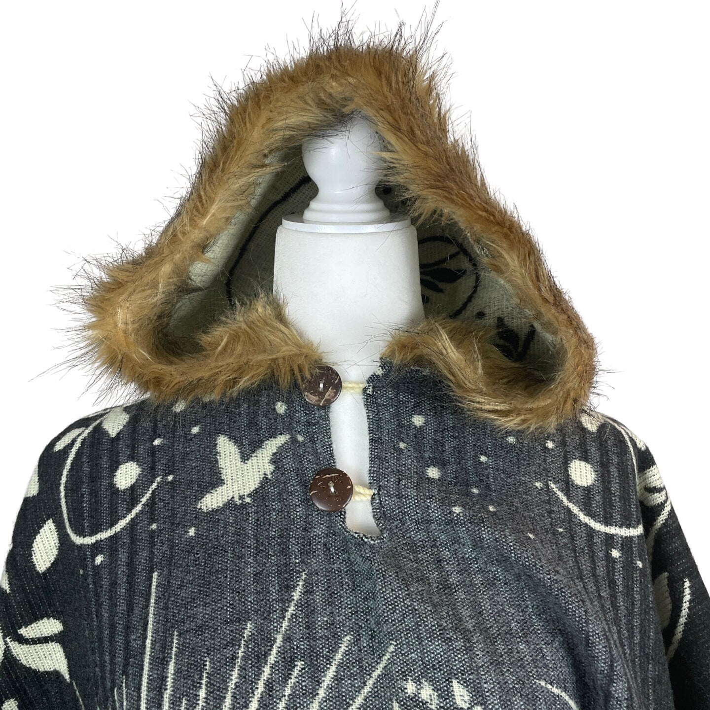 Tree of Life & Sun Faux Fur Hooded Poncho | Black Red