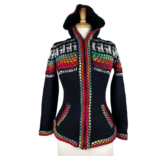 Soft Hooded Alpaca Sweater | Black Colorful