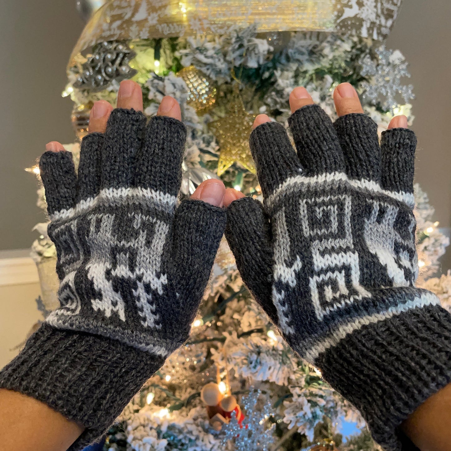 Soft Alpaca Fingerless Gloves Size SM Neutral Gloves Llama Design