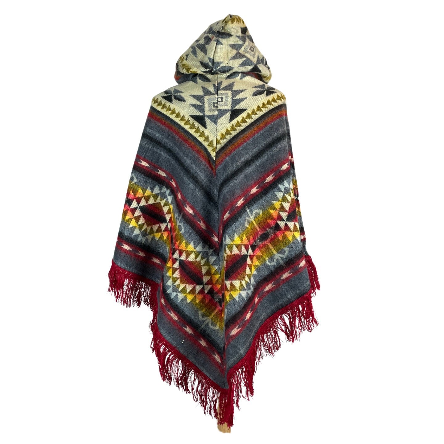 V-Shaped Alpaca Hooded Poncho | Gray Beige Red Colorful