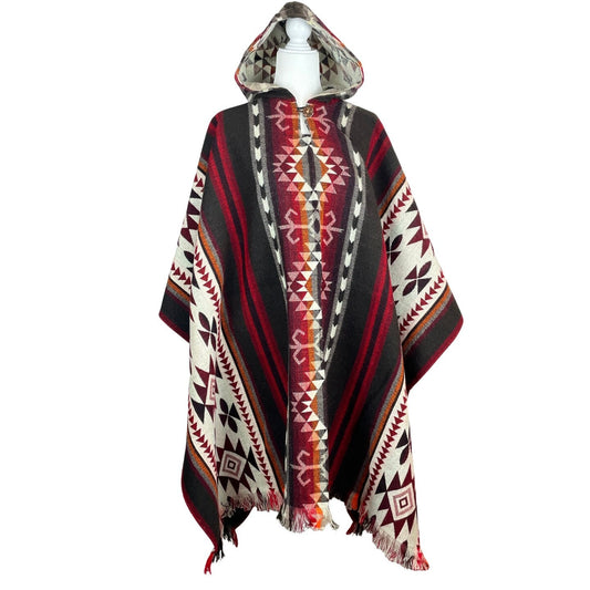 Warm Alpaca Wool Poncho Hoodie | Fierce Red Brown