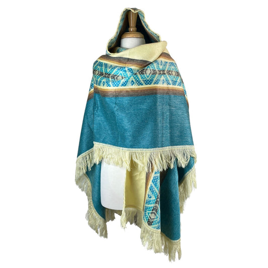 Open Unisex Hooded Poncho | Cream Turquoise