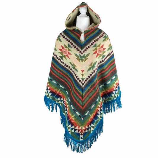 Warm Hippie-inspired Woolen Hooded Poncho - Lightweight Soft Winter Outerwear for Women, Beige Green V Style Cape with Light Blue Tassels