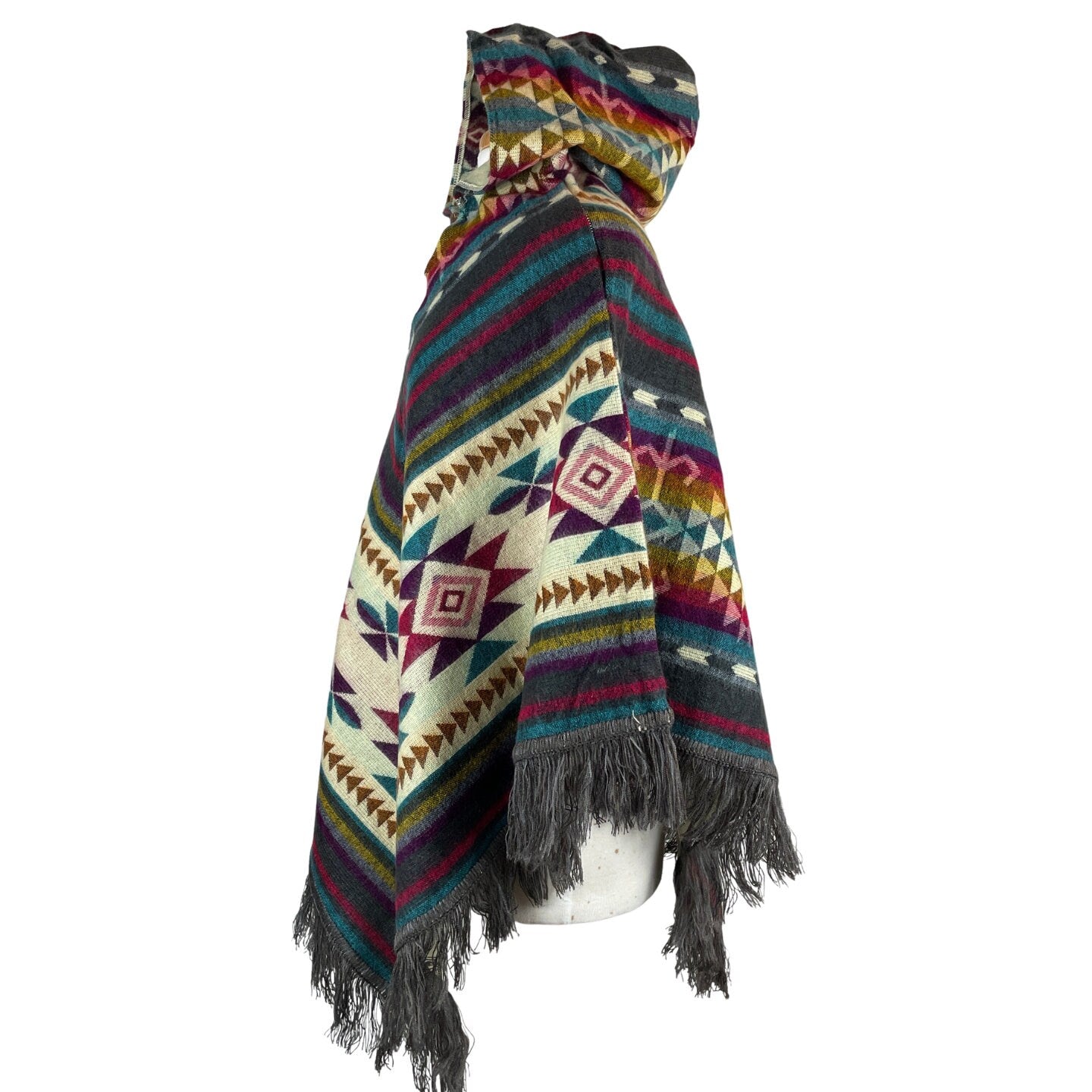 V-Shaped Alpaca Hooded Poncho | Beige Blue Gray