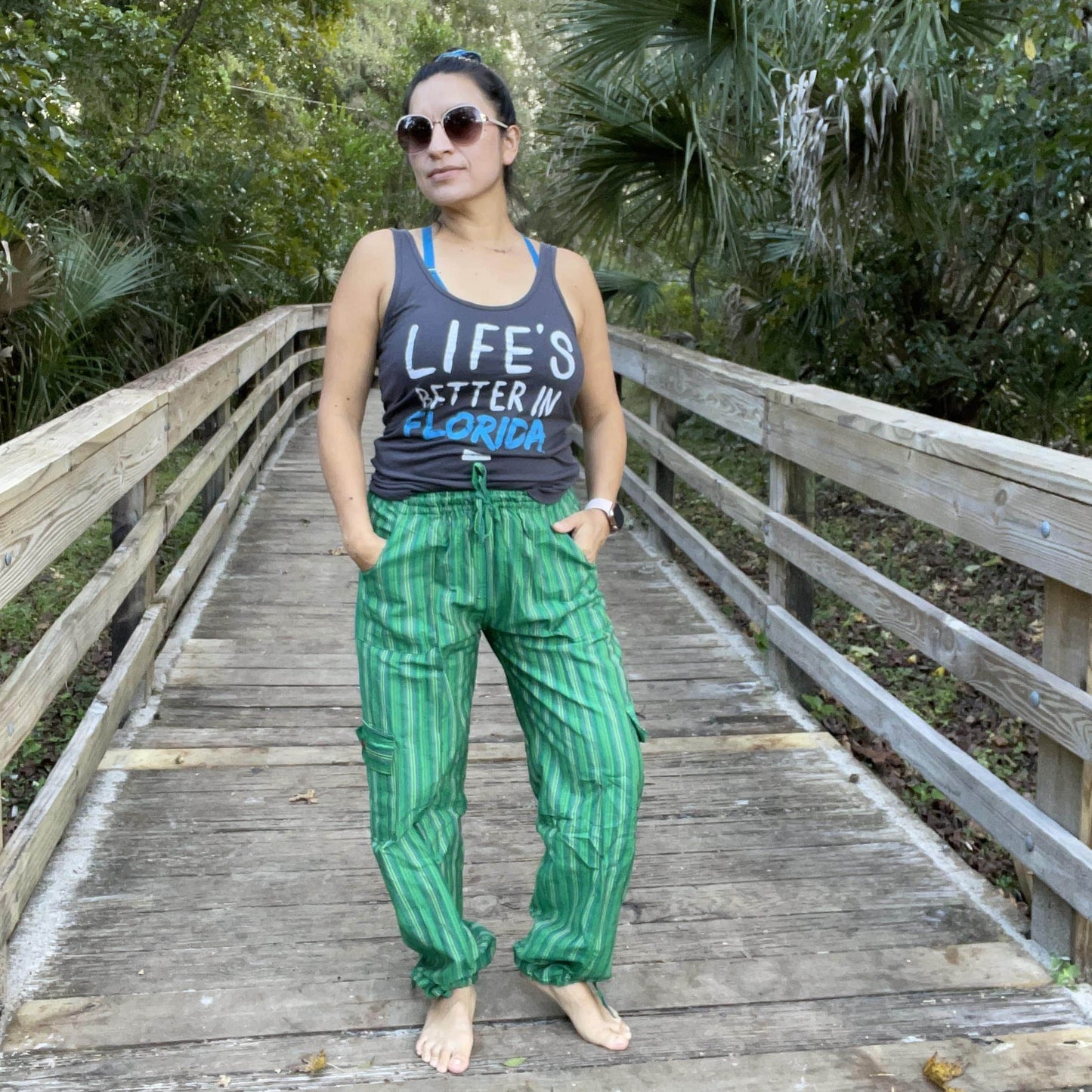 Loose Comfy Elastic Waist Pants |Loungewear Drawstring Trousers | Trendy Hippie Striped Pants | Cargo Pants | Green
