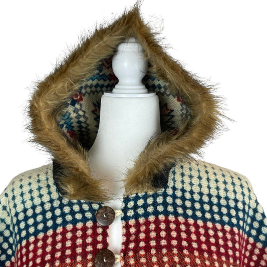 Faux Fur Hooded Hippie Poncho | Black Olive Colorful