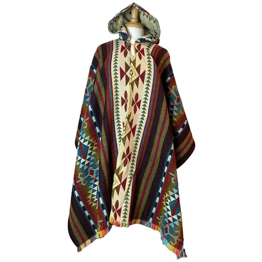 Mens Hooded Alpaca Poncho | Maroon Multicolor