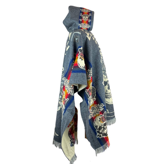 Skeleton King Skull Mens Poncho Hoodie | Brown - Teal