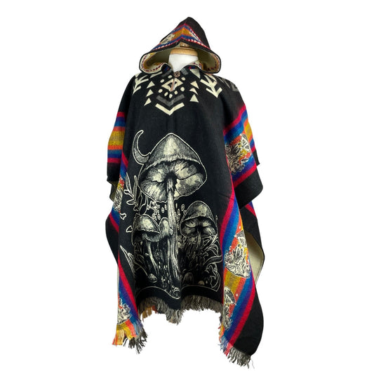 Mushrooms Wool Poncho Hoodie | Black - Brown - Gray - Teal