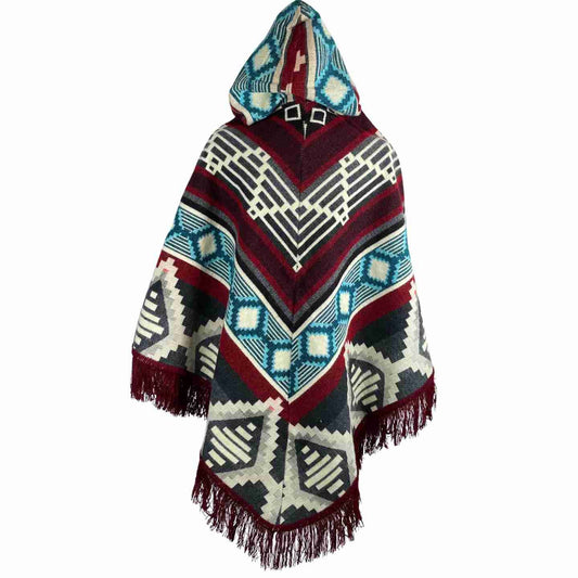 Warm Cozy Boho Alpaca Wool Hooded Poncho - Winter Soft Outerwear for Women, Wine Beige Teal V Style Cape with Tassels