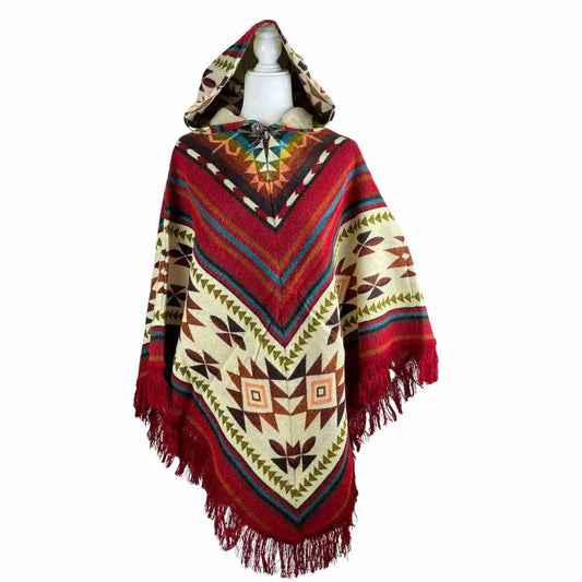 Soft Cozy Boho Alpaca Wool Hooded V Style Poncho - Fierce Red Beige