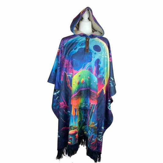Colorful Mushroom Unisex Sherpa Hooded Poncho - Bright Blue