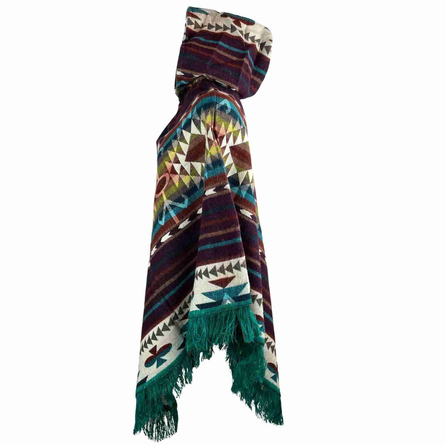 Soft Warm Boho Alpaca Wool Hooded V Style Poncho - Maroon Dark Teal