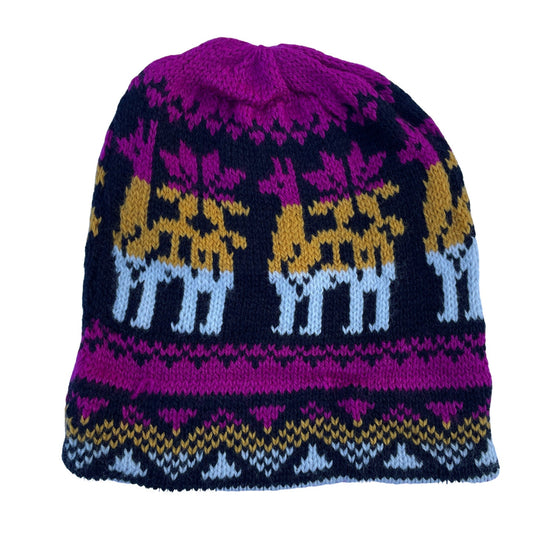 Magenta Black Knitted Alpaca Beanie Hat with Llama Design