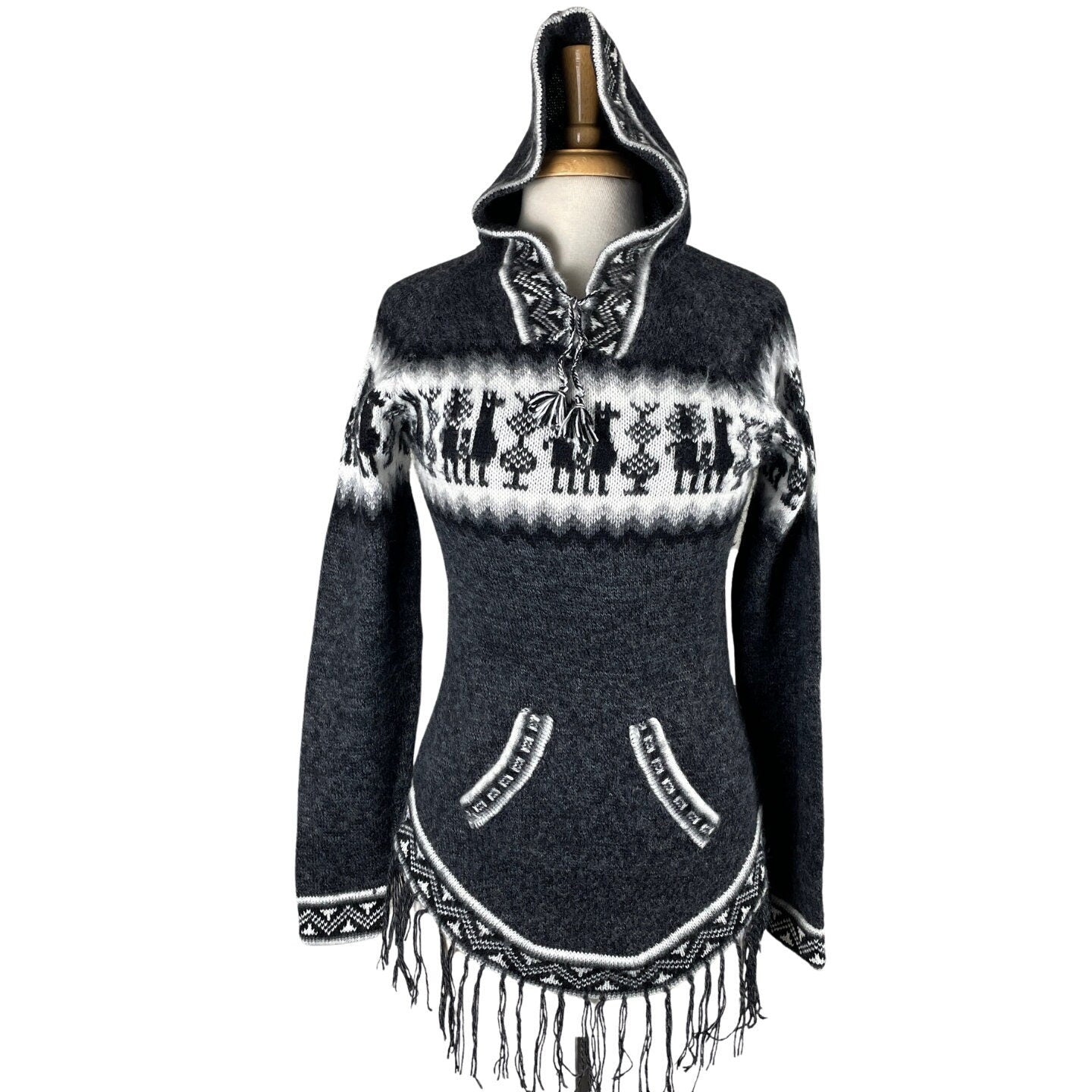 Soft Hooded Alpaca Sweater Pullover |  Charcoal White