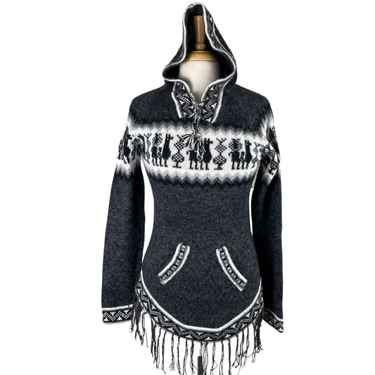 Soft Hooded Alpaca Sweater Pullover |  Charcoal White