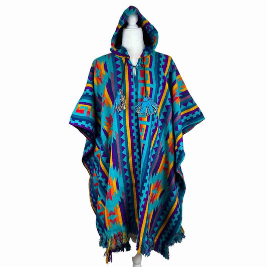 Stylish Men's Hooded Poncho | Teal Yellow Red