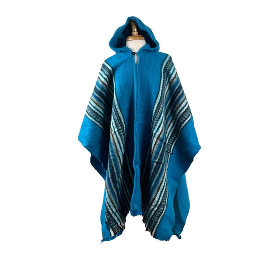 Hippie Hooded Weighted Poncho | Turquoise White
