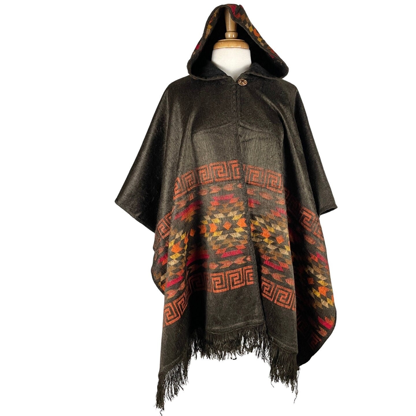Warm Hooded Open Alpaca Poncho | Mocca Orange