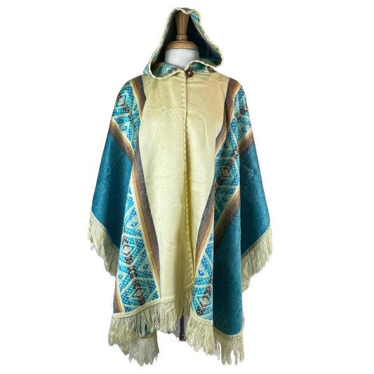 Open Unisex Hooded Poncho | Cream Turquoise