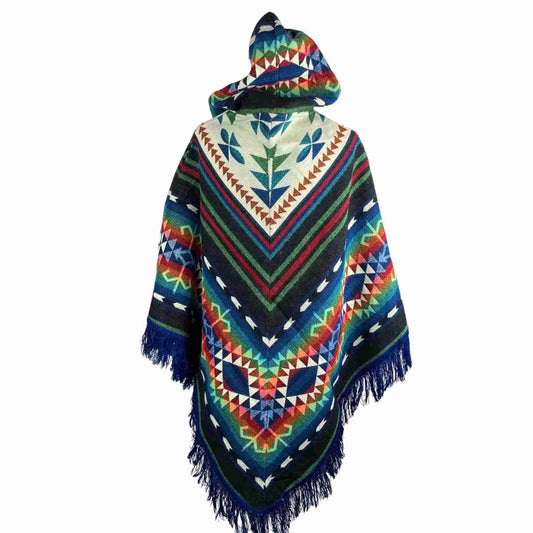 Lightweight Wool Hooded V Style Poncho - Black Colorful with Blue Tassels