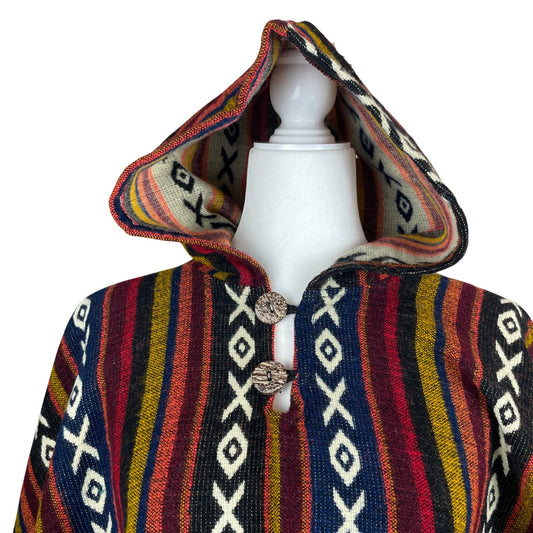 Mens Alpaca Wool Poncho Hoodie | Black Blue Multicolored