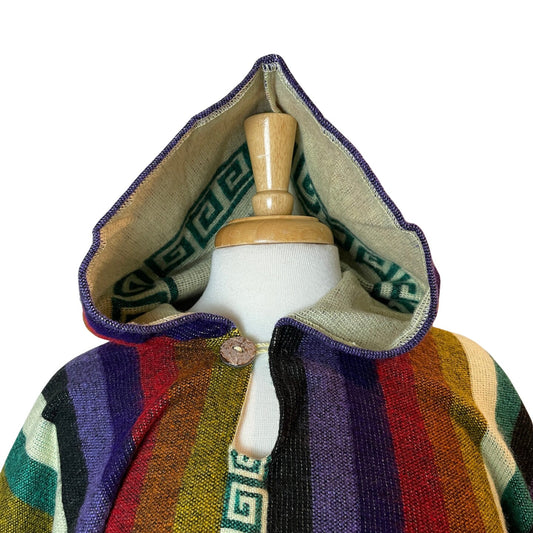 Warm Hooded Alpaca Poncho | Rainbow White