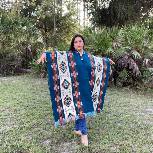 Soft & Warm Alpaca Poncho with Hood | Dark Turquoise Beige