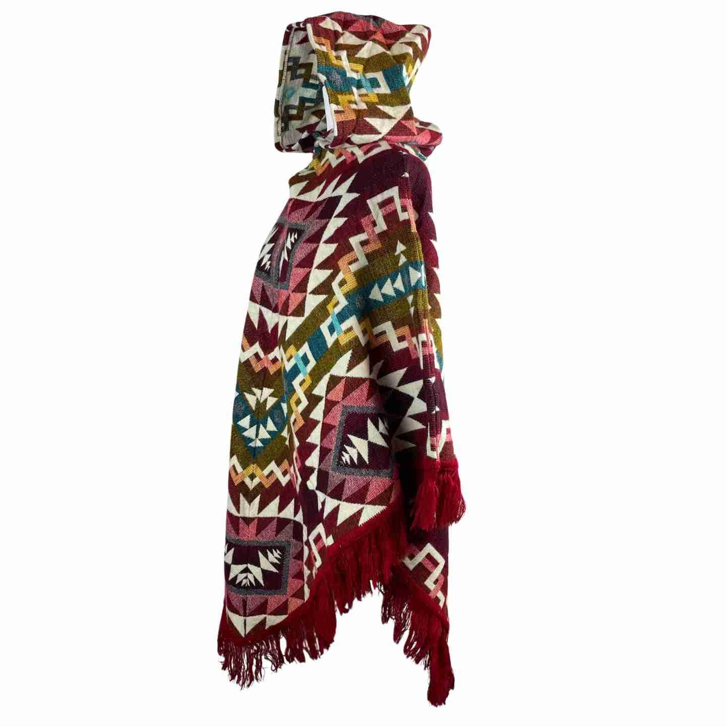 Warm Cozy Boho Alpaca Wool Hooded Poncho - Winter Soft Outerwear for Women, Wine Colorful V Style Cape with Tassels