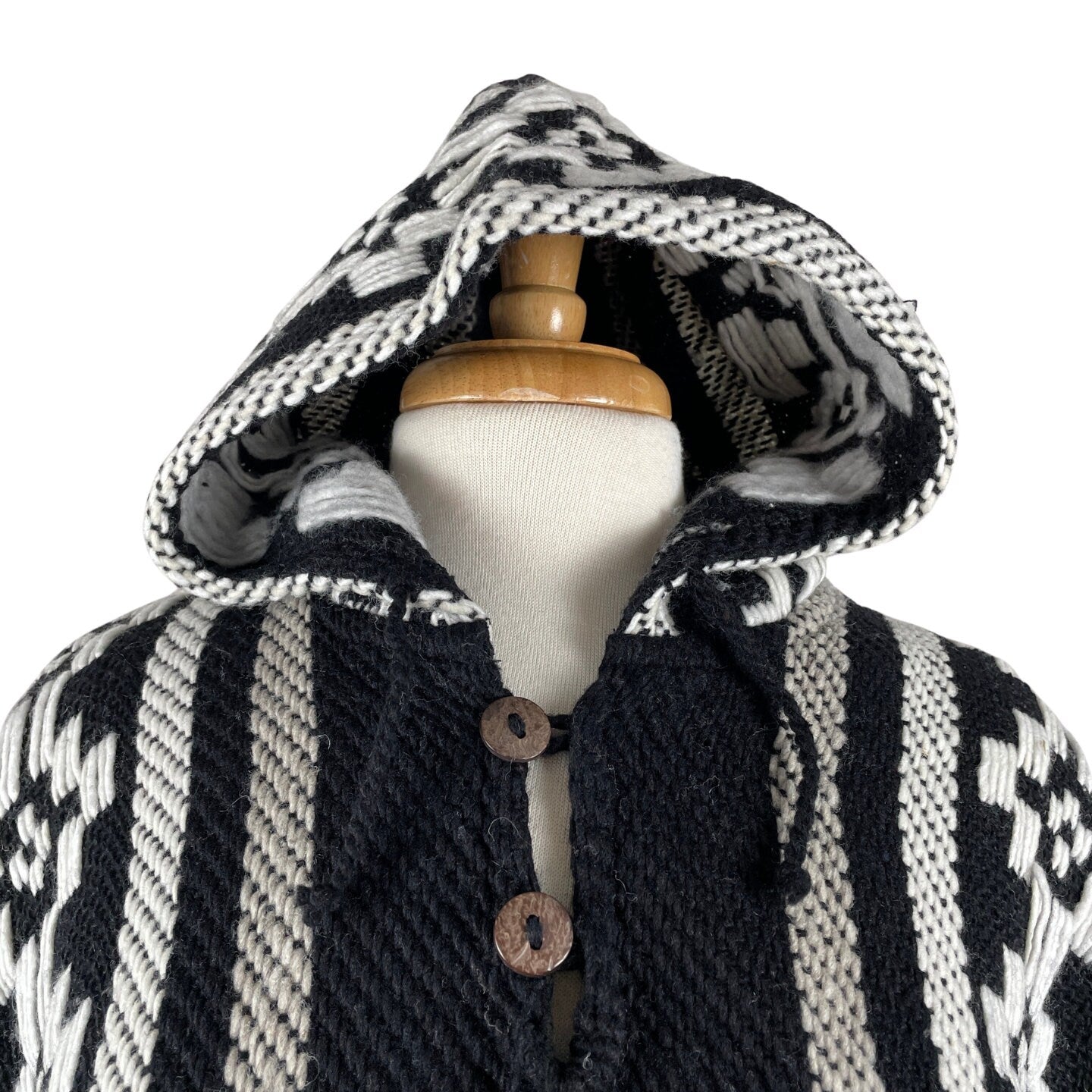 Weighted Hippie Hooded Sheep Wool Poncho | Black White
