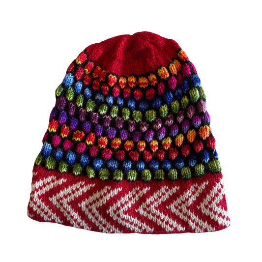 Red Colorful Knitted Alpaca Beanie Hat - One Size