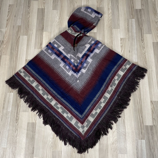 V-Shape Hooded Alpaca Poncho | Blue Burgundy Gray