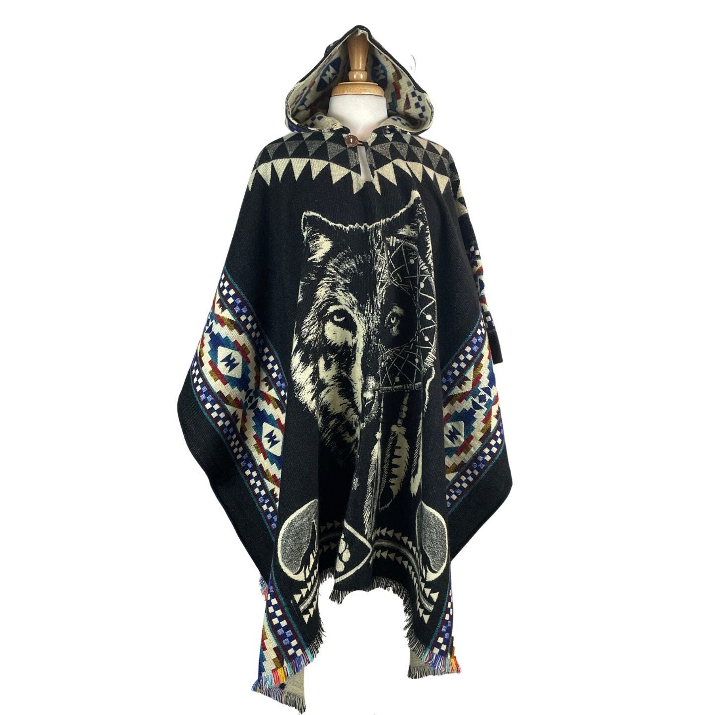 Wolf Dreamcatcher Hooded Poncho | Black Blue