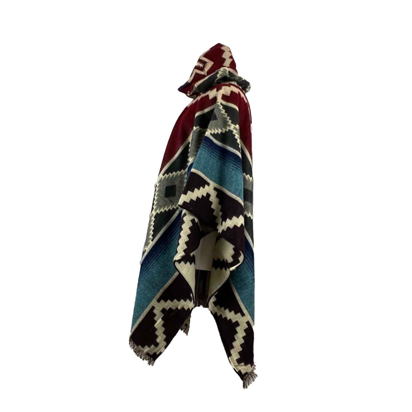 Warm Hooded Alpaca Poncho | Red Light Blue