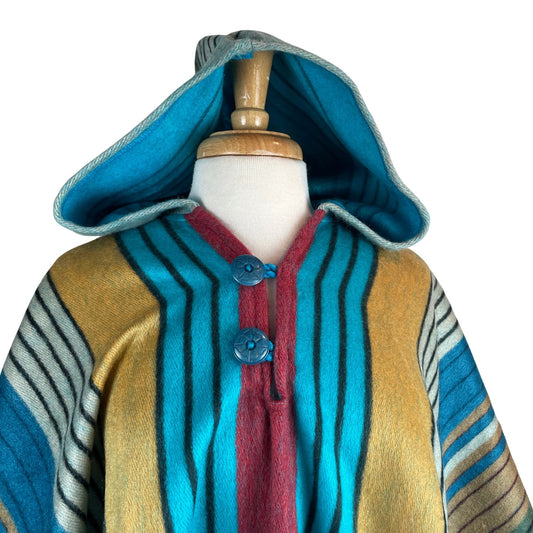 Warm Hooded Alpaca Poncho Men Women | Mustard Sky Blue