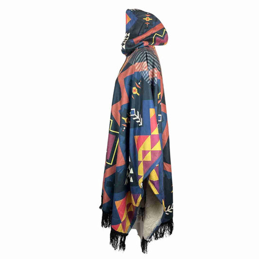 Cozy Sherpa Unisex Hooded Poncho - Navy Orange Yellow