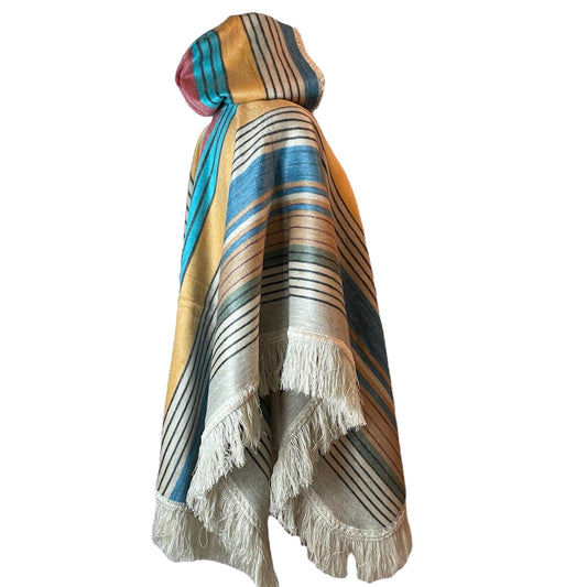 Warm Hooded Alpaca Poncho | Colorful Tan
