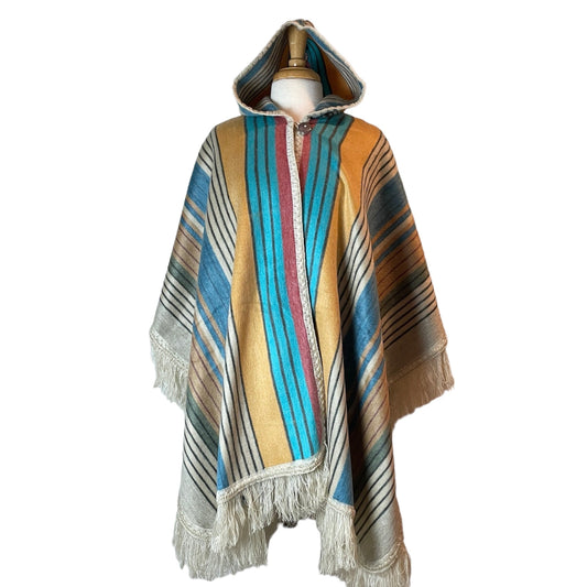 Warm Hooded Alpaca Poncho | Colorful Tan