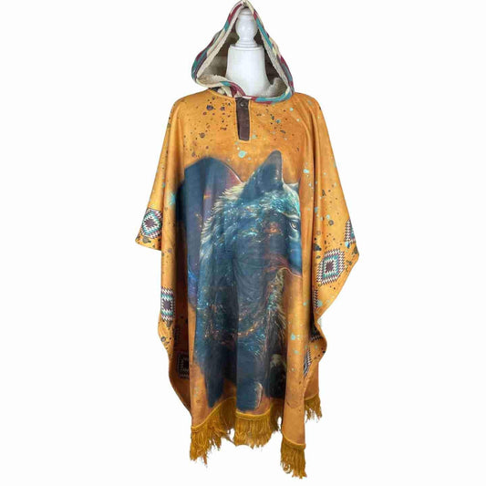 Cozy Unisex Sherpa Hooded Poncho - Gray Wolf Mustard Turquoise