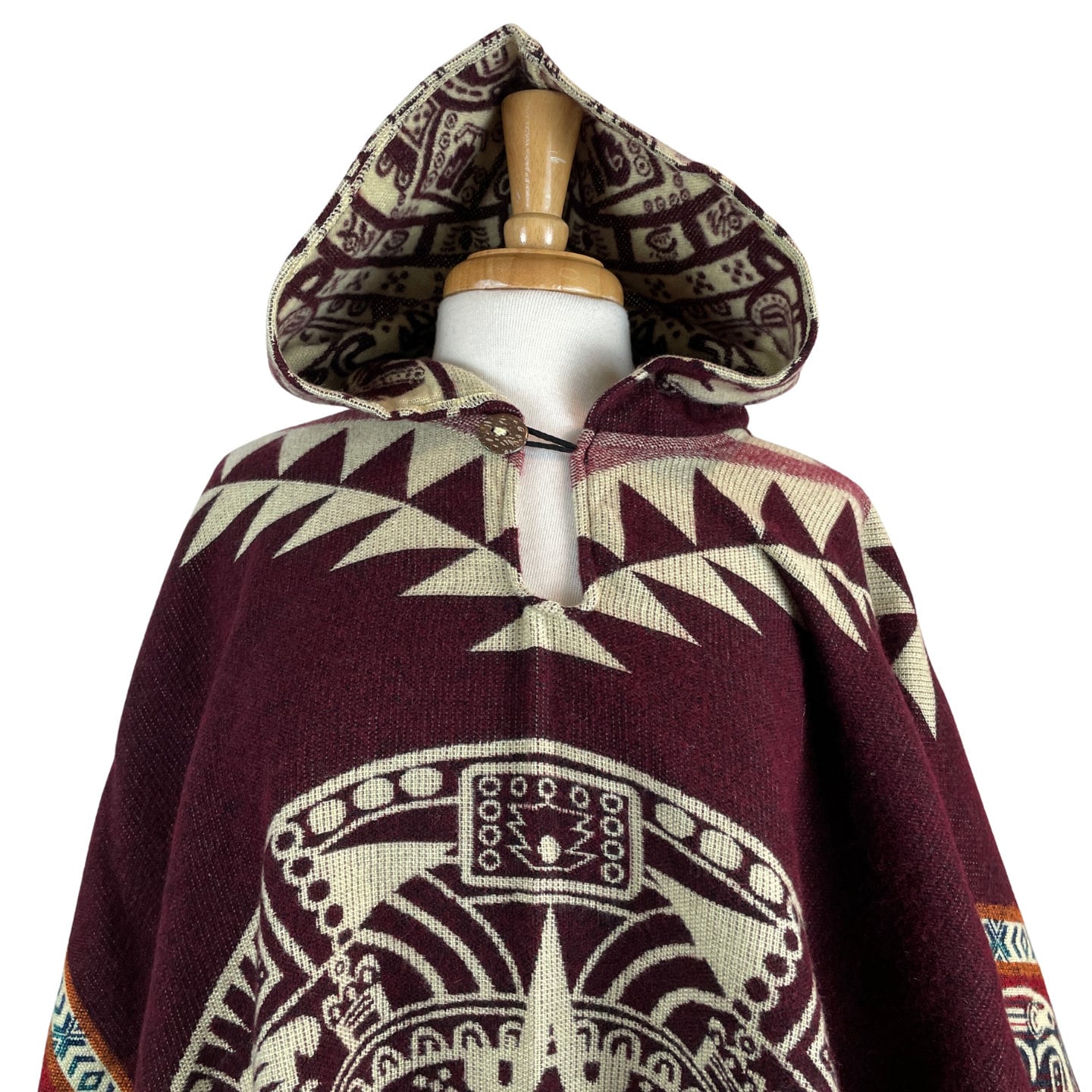 Warm Hooded Unisex Aztec Calendar Poncho | Wine Beige