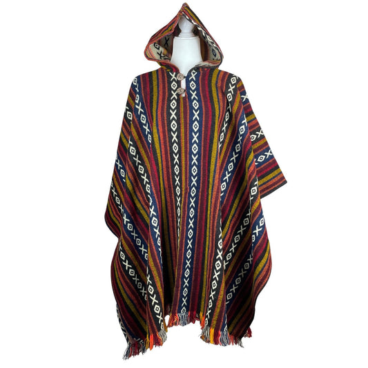 Mens Alpaca Wool Poncho Hoodie | Black Blue Multicolored
