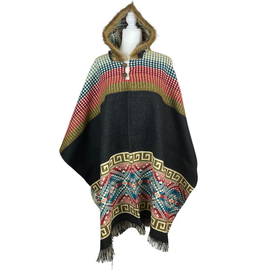 Faux Fur Hooded Hippie Poncho | Black Olive Colorful
