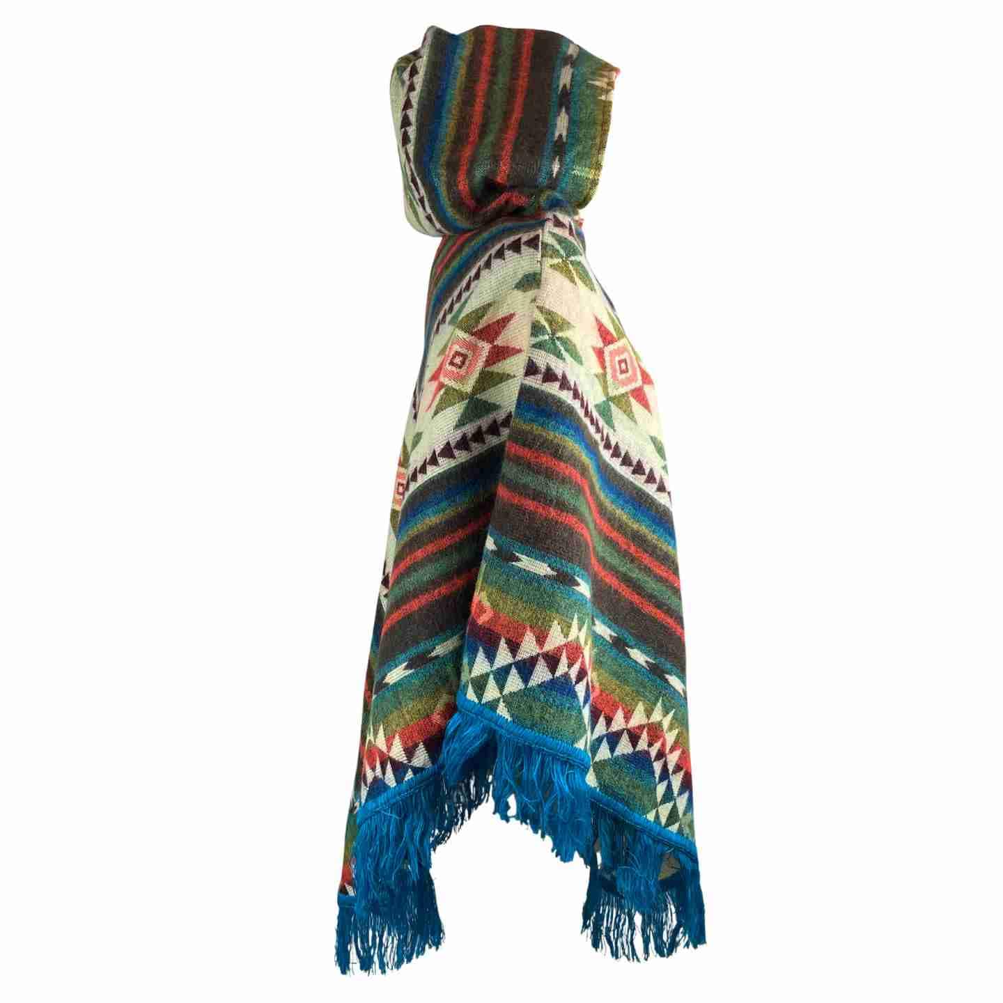 Warm Hippie-inspired Woolen Hooded Poncho - Lightweight Soft Winter Outerwear for Women, Beige Green V Style Cape with Light Blue Tassels