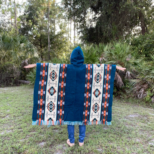 Soft & Warm Alpaca Poncho with Hood | Dark Turquoise Beige