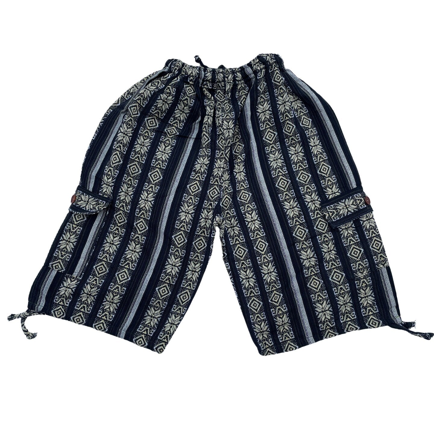 Unisex Woven Boho Cargo Shorts Size L | Hippie Shorts | Tribal Shorts |Black Gold
