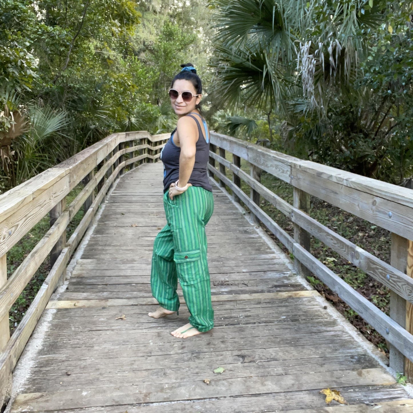 Loose Comfy Elastic Waist Pants |Loungewear Drawstring Trousers | Trendy Hippie Striped Pants | Cargo Pants | Green