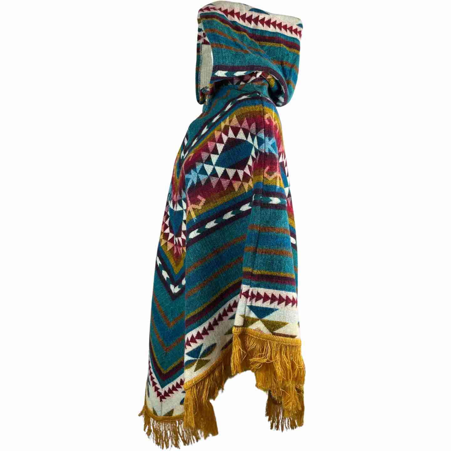 Warm Cozy Boho Alpaca Wool Hooded Poncho - Winter Soft Outerwear for Women, Dark Teal V Style Cape with Mustard Tassels