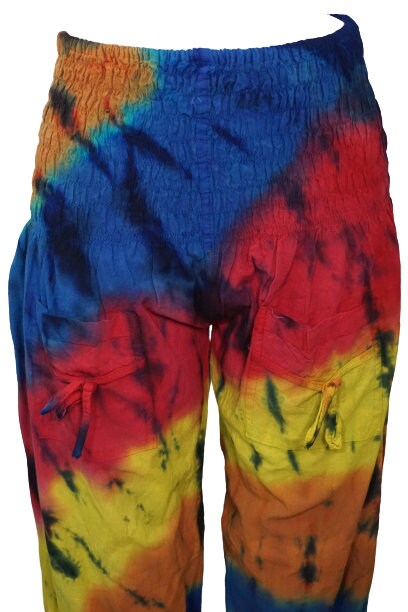 Tie Dye Pants Size L | Hippie Pants | Aladdin Pants | Womens Pants | Wide Elastic Waist | Comfy Clothes | Loungewear | Yellow Colorful