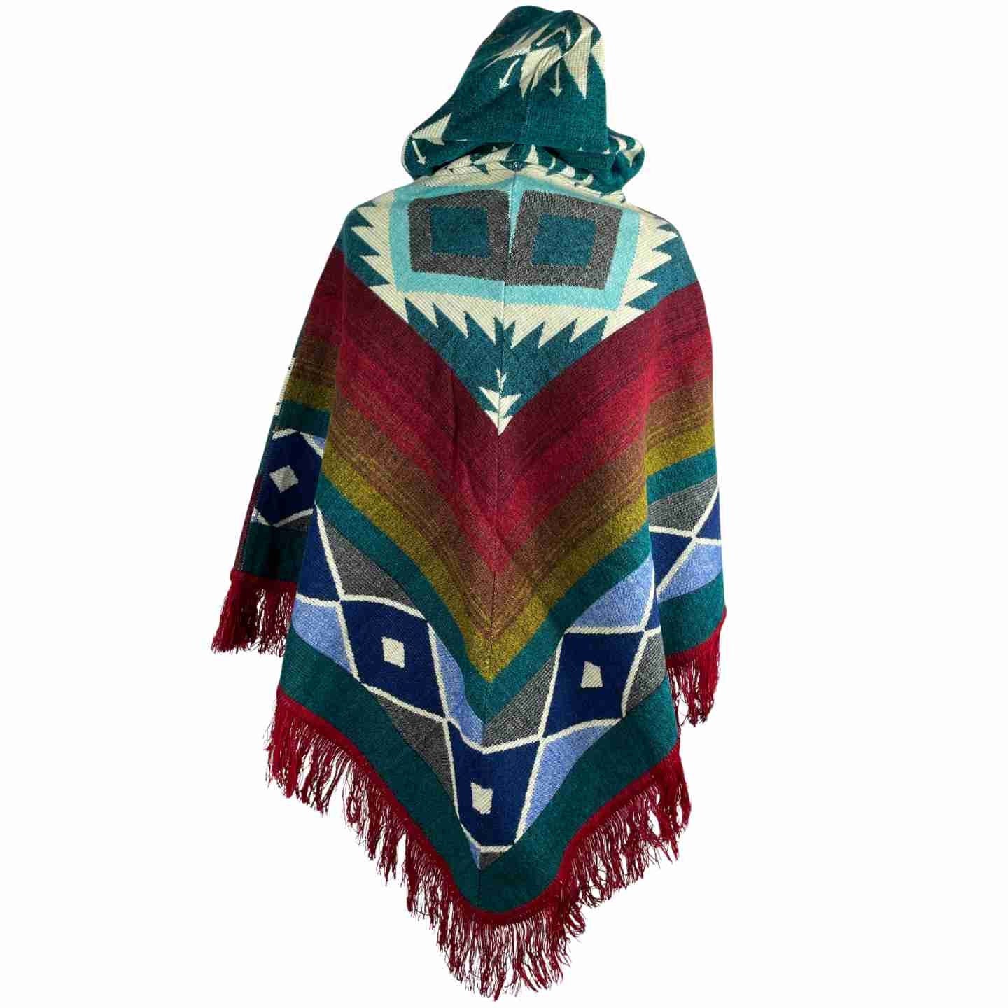 Soft Warm Boho Alpaca Wool Hooded V Style Poncho - Red Beige Cyan